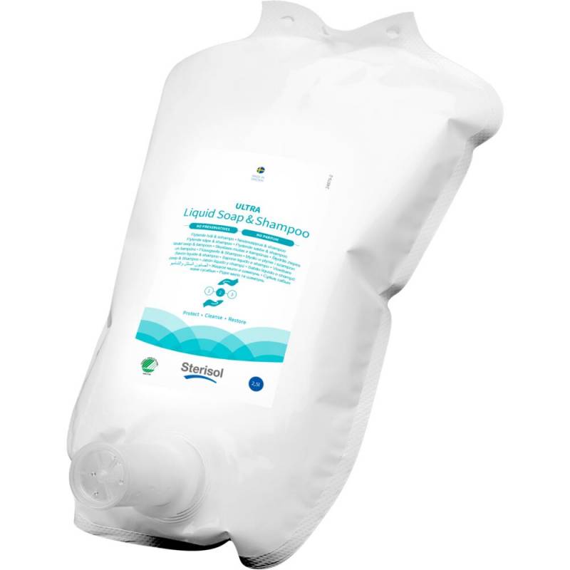 H&aring;nd, H&aring;r og bodyshampoo, Sterisol, 2500 ml, uden farve, parfume og konserveringsmidddel, flydende