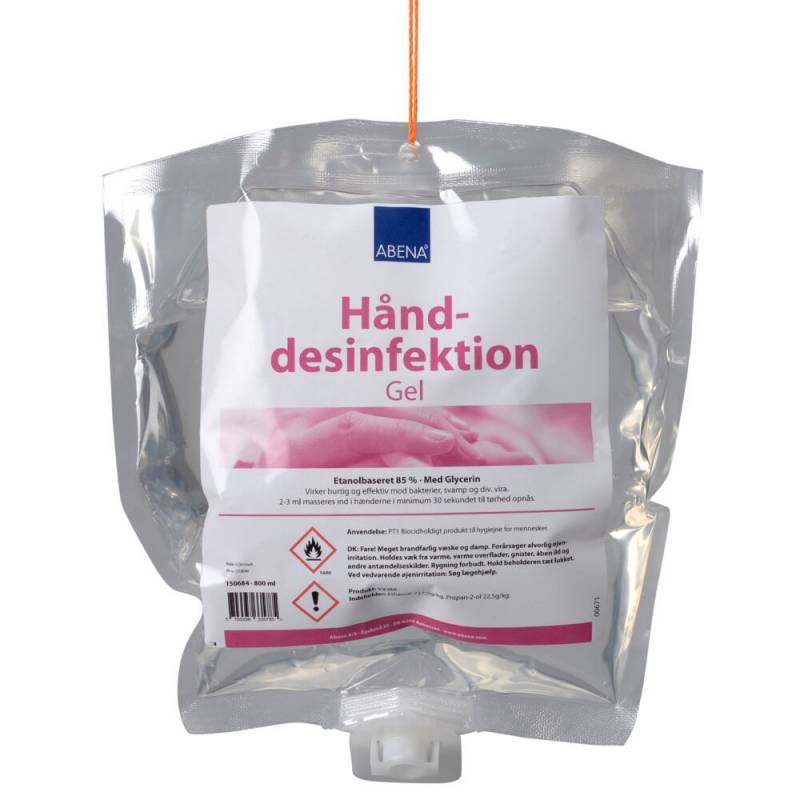 H&aring;nddesinfektion gel, ABENA, 800 ml, 85% ethanol, pose refill, til dispenser