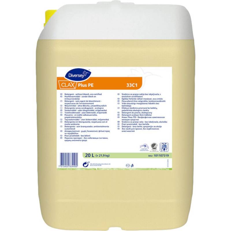 T&oslash;jvask, Diversey CLAX Plus Pur-Eco 33C1, 20 l, kul&oslash;rt og hvidt, uden farve og parfume