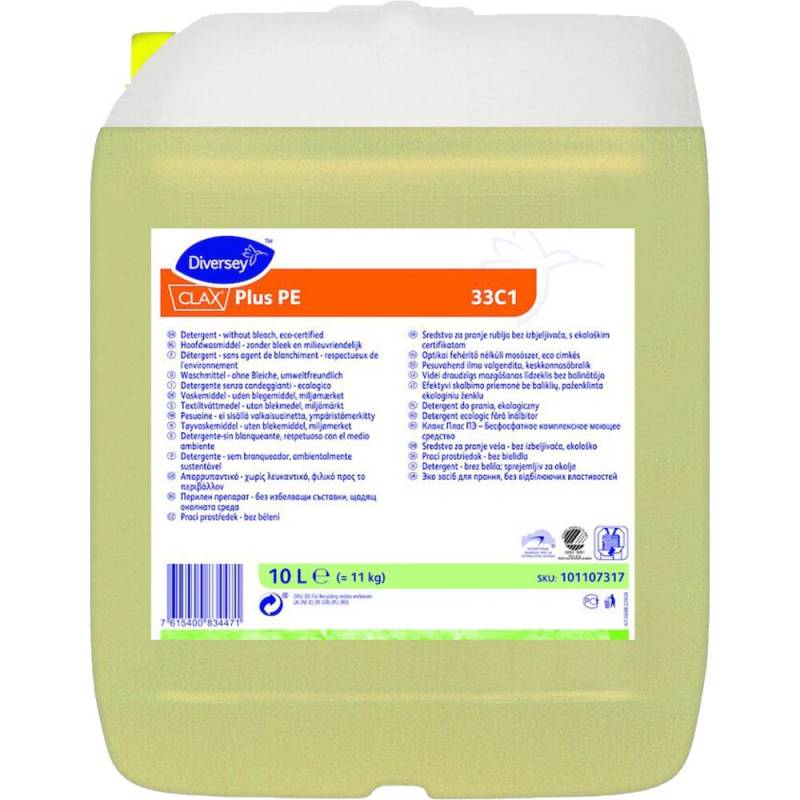T&oslash;jvask, Diversey CLAX Plus Pur-Eco 33C1, 10 l, kul&oslash;rt og hvidt, uden farve og parfume