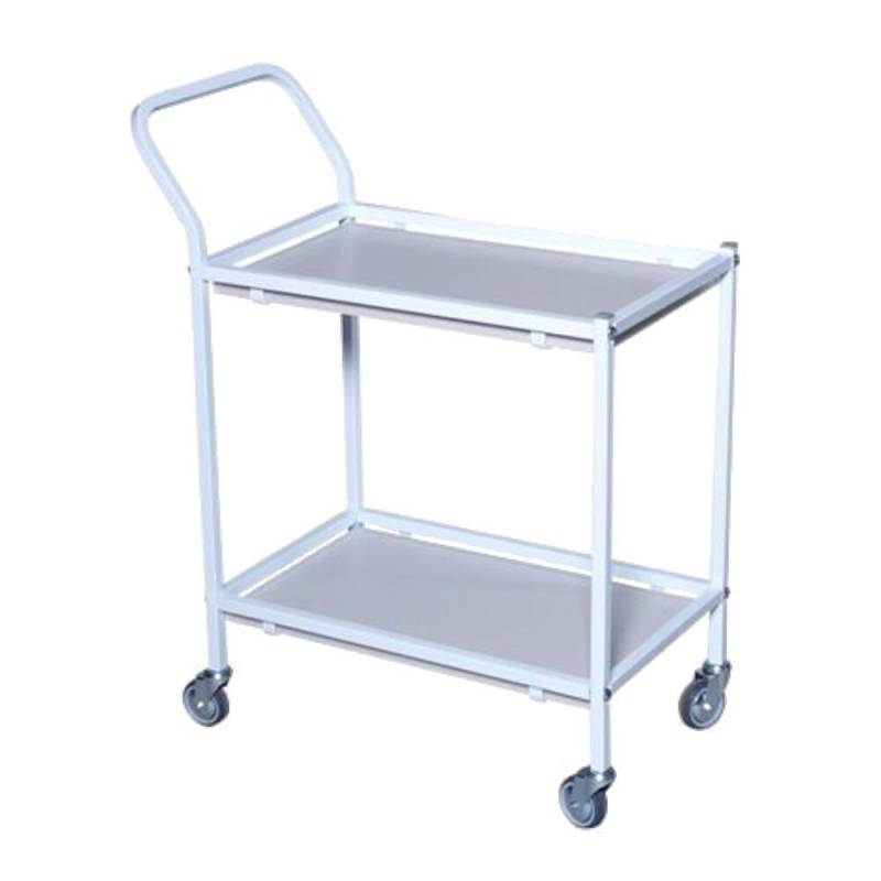 Rullebord, Tina Trolleys, 940x600x1070mm, hvid, pulverlakeret st&aring;l, med styr, 2 hylder, slingrekant, mellem *Denne vare tages ikke retur*