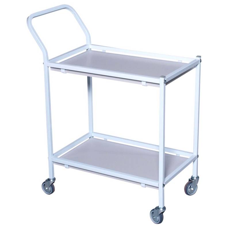 Rullebord, Tina Trolleys, 750x390x920mm, hvid, pulverlakeret st&aring;l, med styr, 2 hylder, slingrekant, lille *Denne vare tages ikke retur*