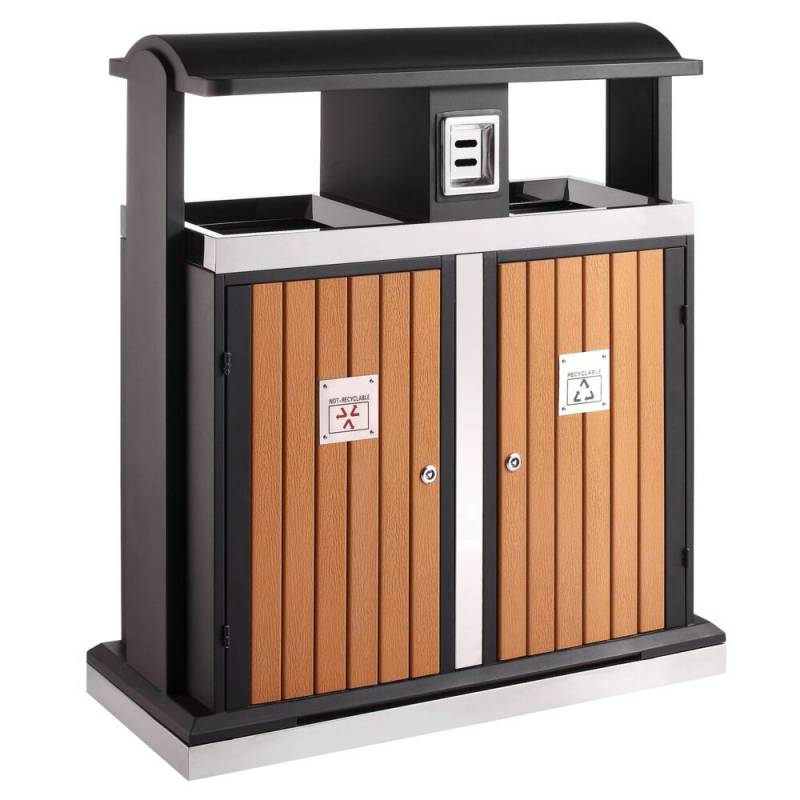 Affaldsspand, udend&oslash;rs, V-Part, sort, st&aring;l/tr&aelig;, 2-rums, 2x50 l, med l&aring;ger i tr&aelig;look, inderspand i metal, ildd&aelig;mpende, forberedt til jordmontering inkl. materiale til montering og n&oslash;gle *Denne vare tages ikke retur*