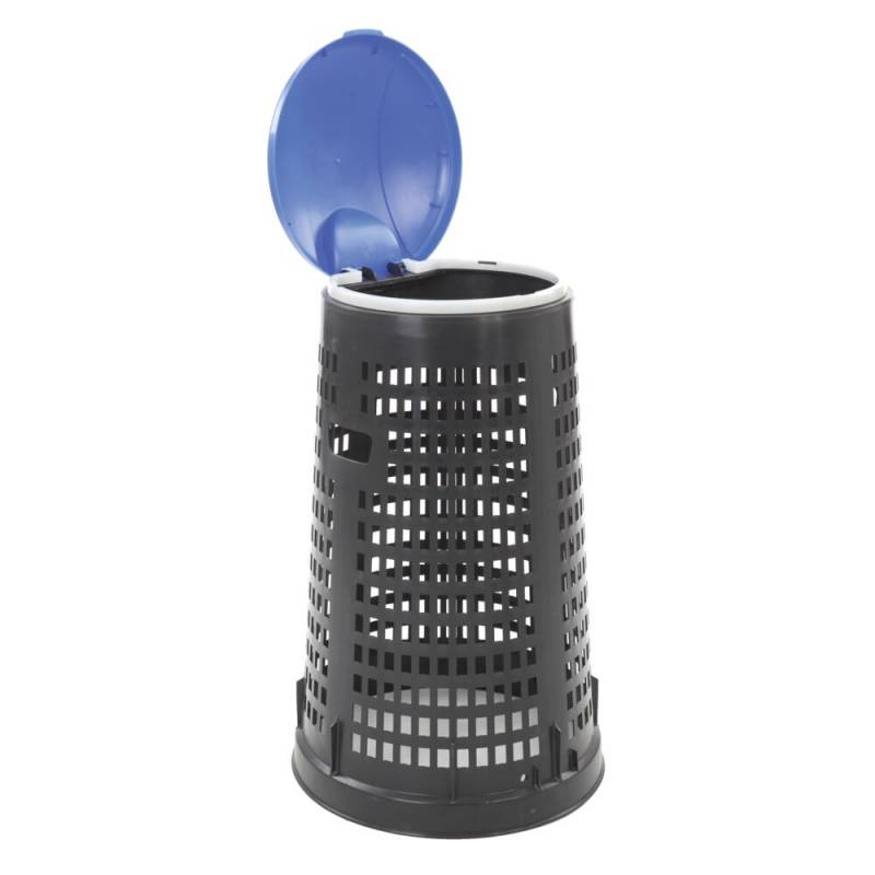 Affaldsstativ, V-Part, sort, plast, 110 l, med bl&aring;t l&aring;g og s&aelig;kkeholder, til udend&oslash;rs brug *Denne vare tages ikke retur*