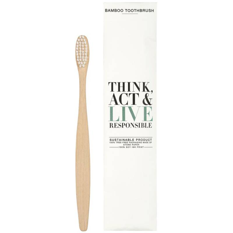 Tandb&oslash;rste, bambus, Think, Act & Live Responsible, 20,5x5x1cm, med bl&oslash;dt b&oslash;rstehovede