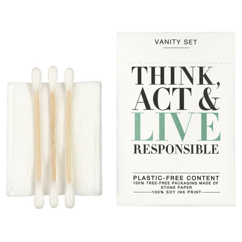 Hygiejnes&aelig;t, Think, Act & Live Responsible, 9,5x6,5x0,3cm, med 3 vatpinde og 3 vatrondeller