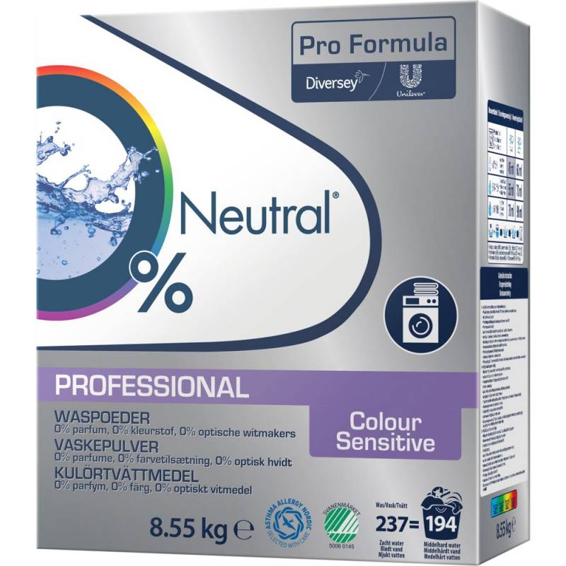 Vaskepulver, Neutral Professional, kul&oslash;rt, uden farve og parfume, 8,55 kg