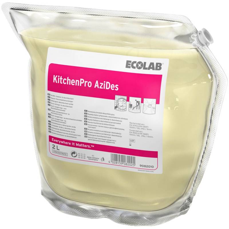 Reng&oslash;rings- og desinfektionsmiddel, Ecolab KitchenPro Azides, 2 l, uden farve og parfume