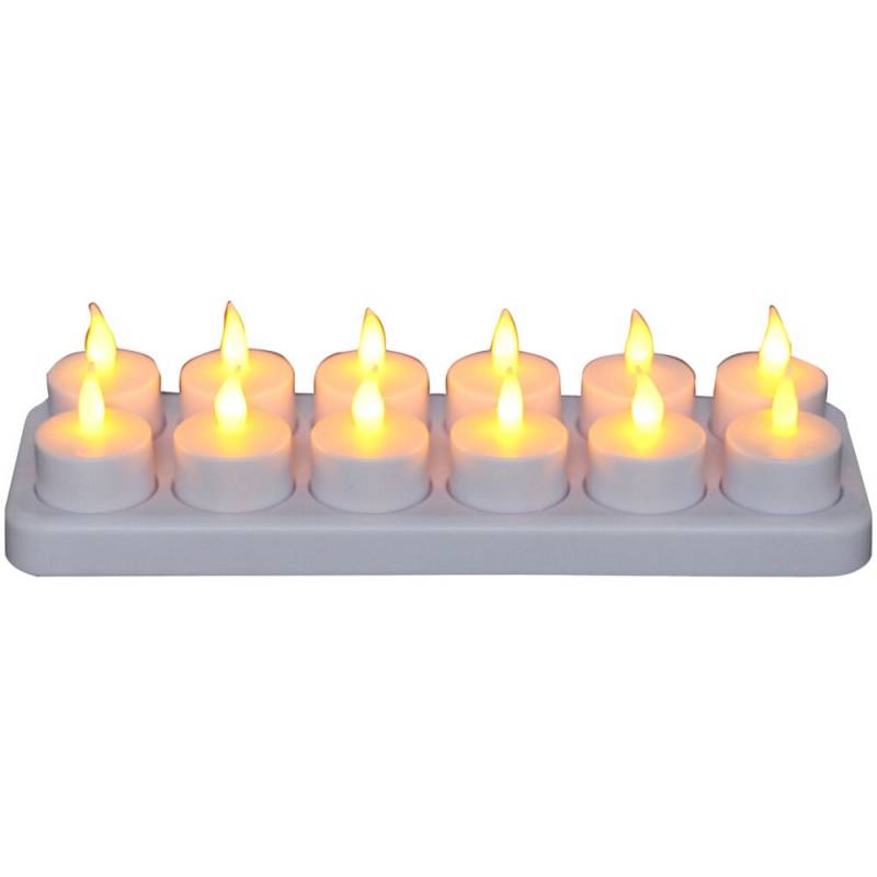 LED fyrfadslys, 4,9cm, &Oslash;3,9cm, hvid, plast, med pulserende flamme, genopladeligt s&aelig;t med 12 lys, inklusiv oplader *Denne vare tages ikke retur*