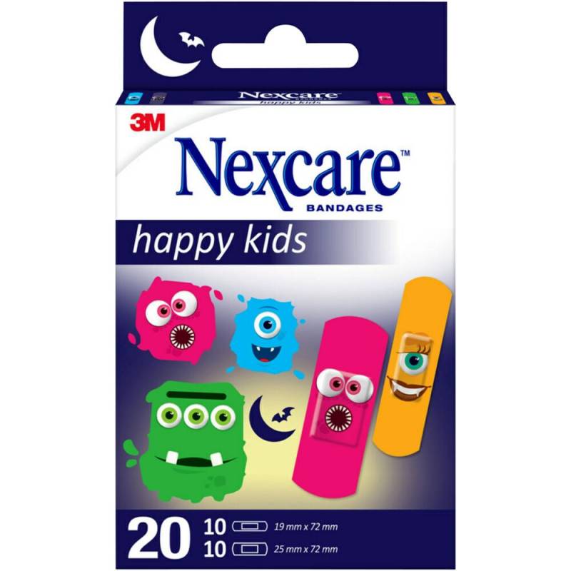 Plaster, til b&oslash;rn, Nexcare Happy Kids, 2 st&oslash;rrelser, assorteret, hypoallergent, engangs