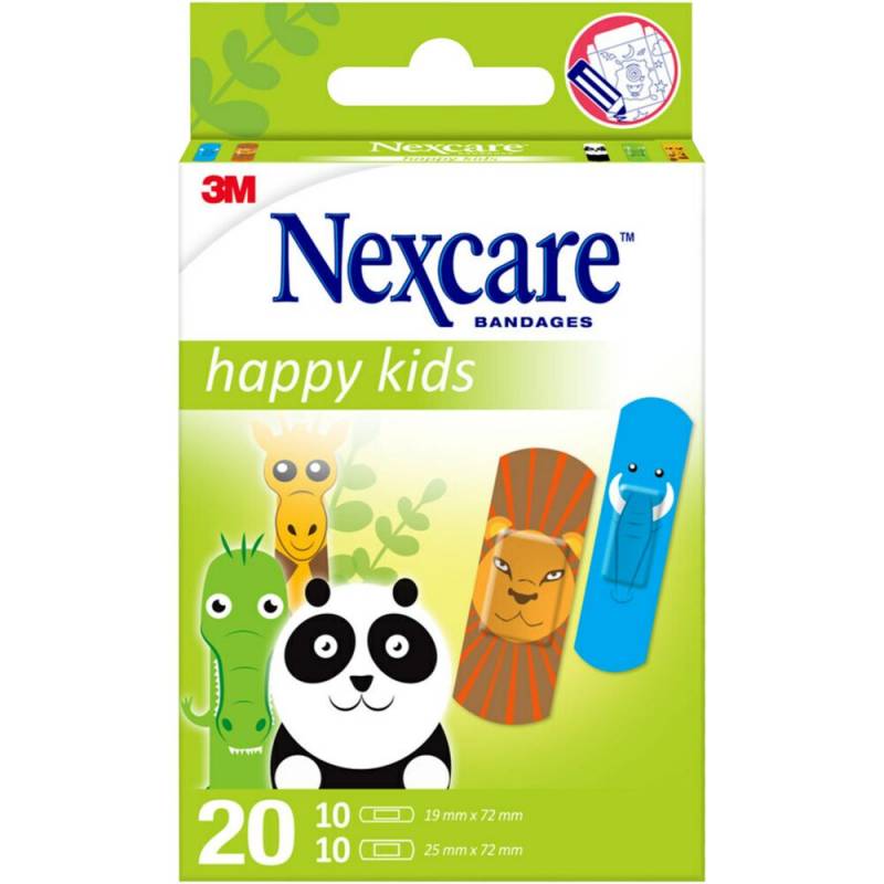 Plaster, til b&oslash;rn, Nexcare Happy Kids, 2 st&oslash;rrelser, assorteret, hypoallergent, engangs