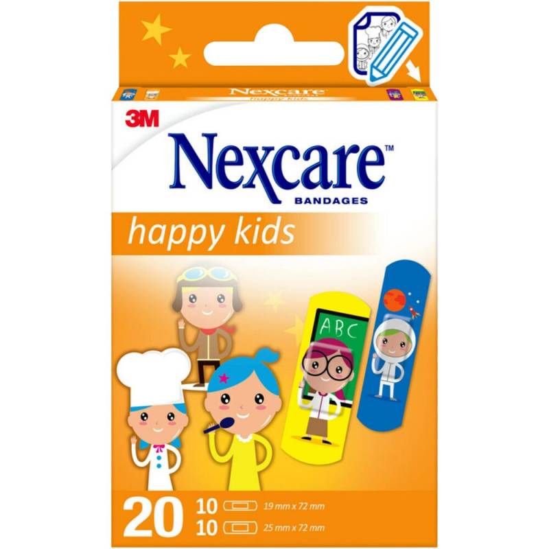 Plaster, til b&oslash;rn, Nexcare Happy Kids, 2 st&oslash;rrelser, assorteret, hypoallergent, engangs