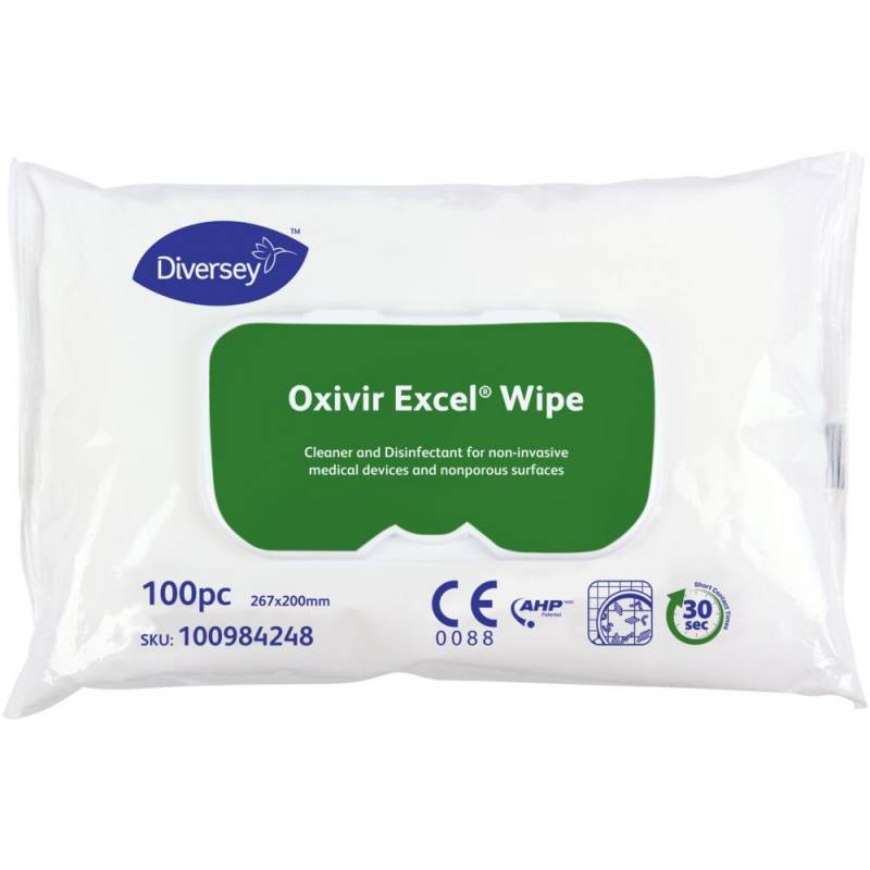 Overfladedesinfektion, Diversey Oxivir Excel Acti, 26,7x20cm, hydrogenperoxide, 100stk *Denne vare tages ikke retur*