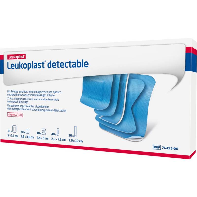H&aelig;fteplaster, Leukoplast Detectable, bl&aring;, ass. st&oslash;rrelser, steril *Denne vare tages ikke retur*