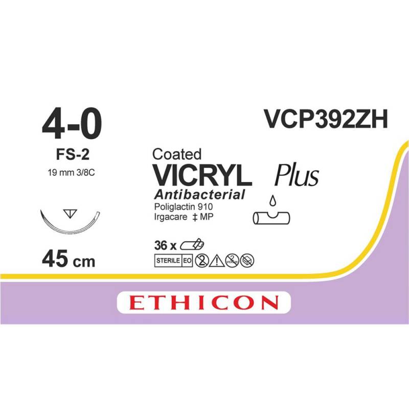 Sutur, Vicryl Plus, 45cm, violet, 4-0, FS-2 n&aring;l, steril, VCP392ZH *Denne vare tages ikke retur*