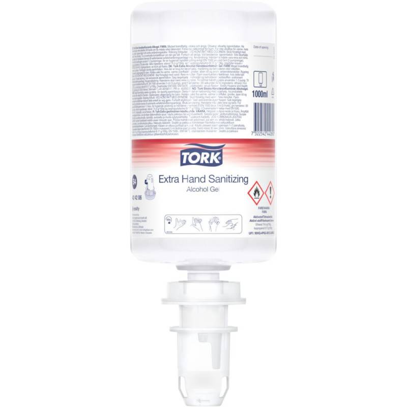 H&aring;nddesinfektionsgel, Tork, 1000 ml, S4 80% alkohol,1,0 ml pr. dosering