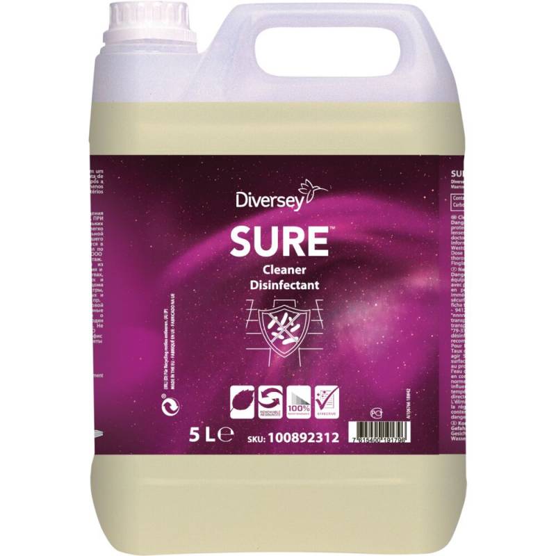 Reng&oslash;rings- og desinfektionsmiddel, Diversey SURE Cleaner Disinfectant, 5 l, uden farve og parfume *Denne vare tages ikke retur*