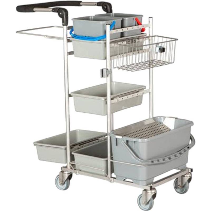 Reng&oslash;ringsvogn, Tina Trolleys ERGO, 1100x590x1090mm, s&oslash;lv, pulverlakeret st&aring;l, til drypsystem, med tilbeh&oslash;r, rustfri *Denne vare tages ikke retur*
