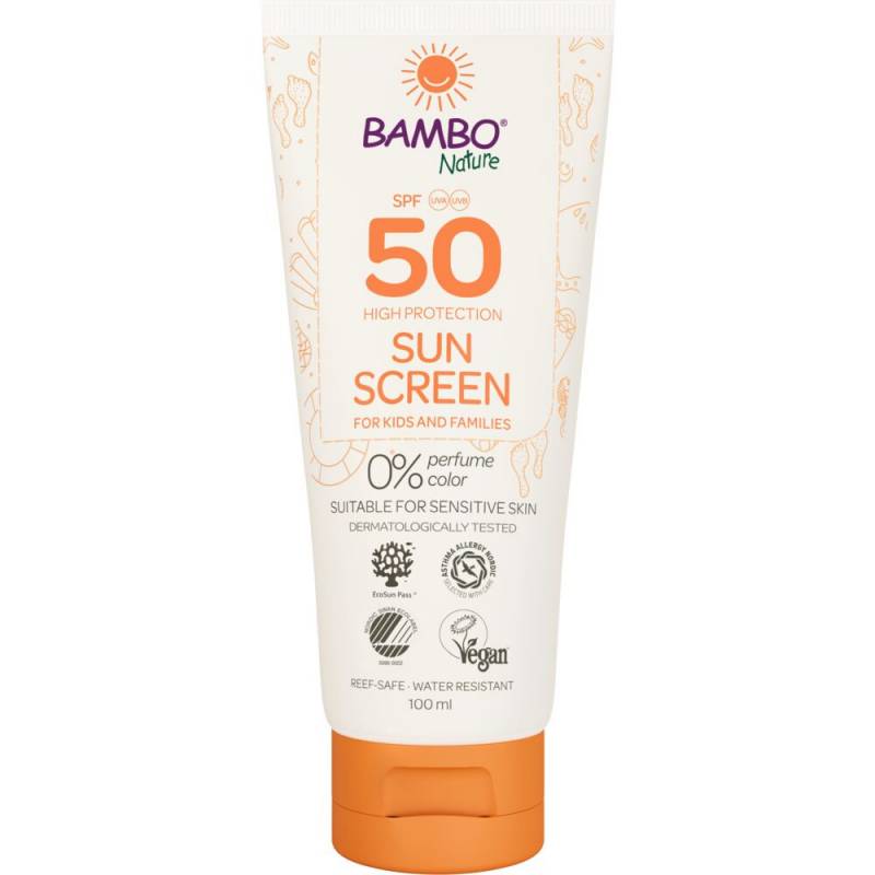 Sollotion, Bambo Nature, 100 ml, SPF 50, uden farve og parfume, 23\% fedt, til l&aelig;ngere ophold i solen, EU
