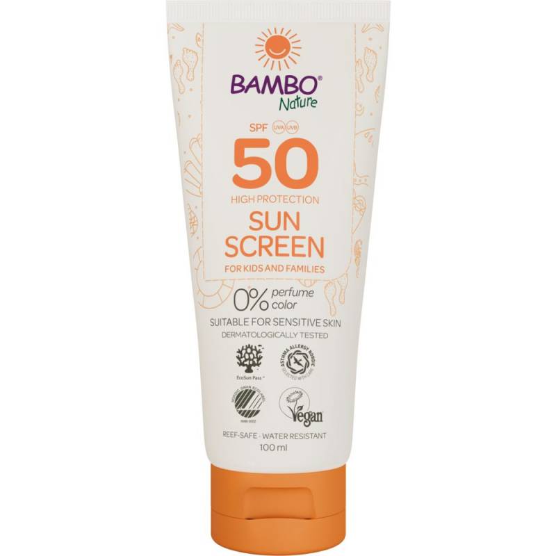 Sollotion, Bambo Nature, 100 ml, SPF 50, uden farve og parfume, 23% fedt, til l&aelig;ngere ophold i solen, SCA