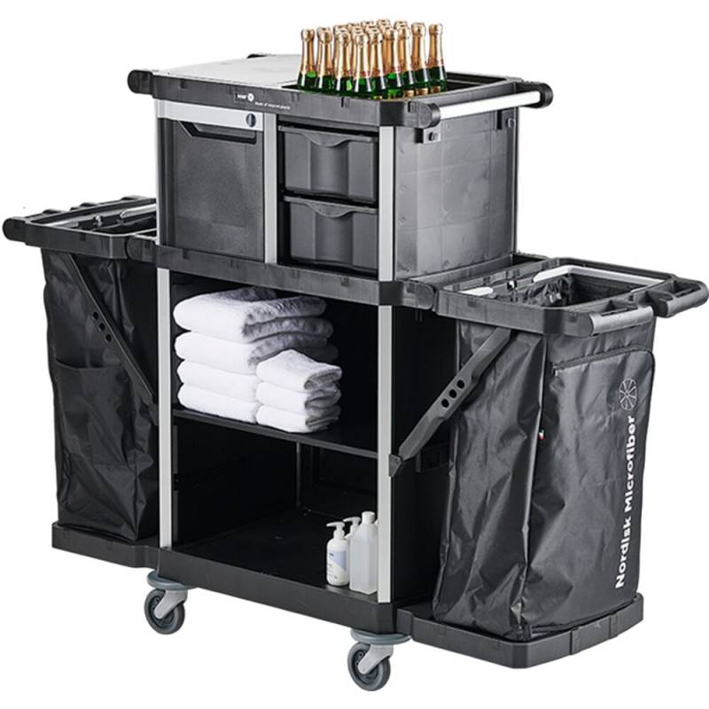 Hotelvogn, Nordic Recycle Trolley 2.0, 1700x560x1070mm, sort, genanvendt plast/aluminium, til tekstiler, med tilbeh&oslash;r