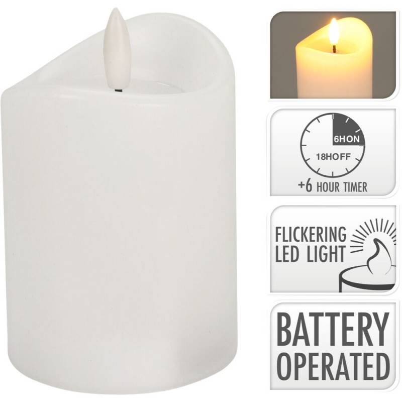 LED-bloklys, 12,5cm, &Oslash;7cm, hvid, med 3D-flamme og timerfunktion *Denne vare tages ikke retur*