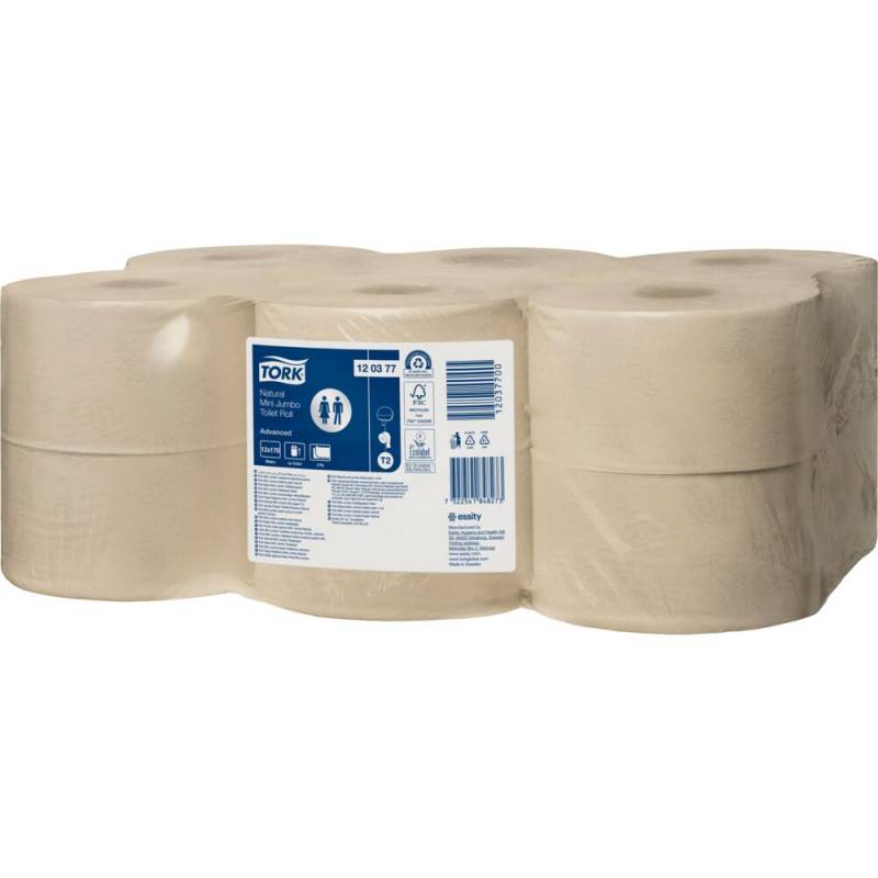 Jumborulle, Tork T2 Advanced, 2-lags, Mini, 170m x 9,4cm, &Oslash;18,8cm, ubleget, genanvendt papir