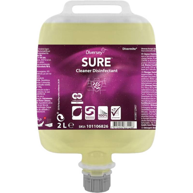 Reng&oslash;rings- og desinfektionsmiddel, Diversey SURE Cleaner Disinfectant, 2 l, DvM/DQFM, uden farve og pafume *Denne vare tages ikke retur*