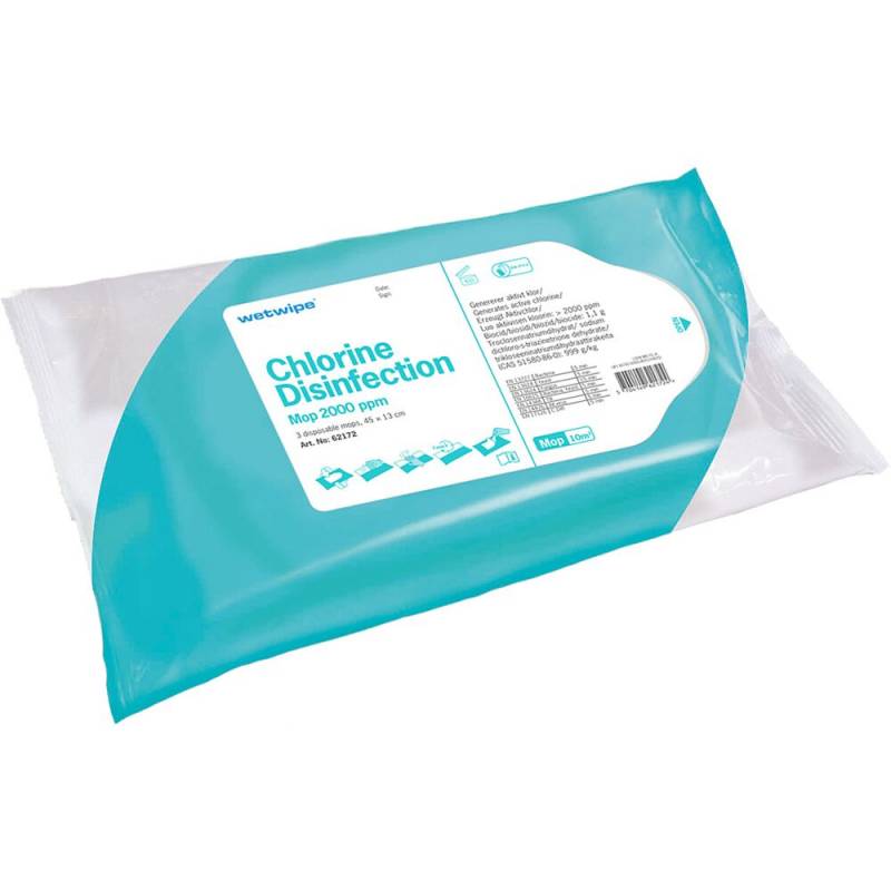 Engangsmoppe, Wet Wipe, 45x13cm, med 2000 ppm aktivt klor, uden farve og parfume