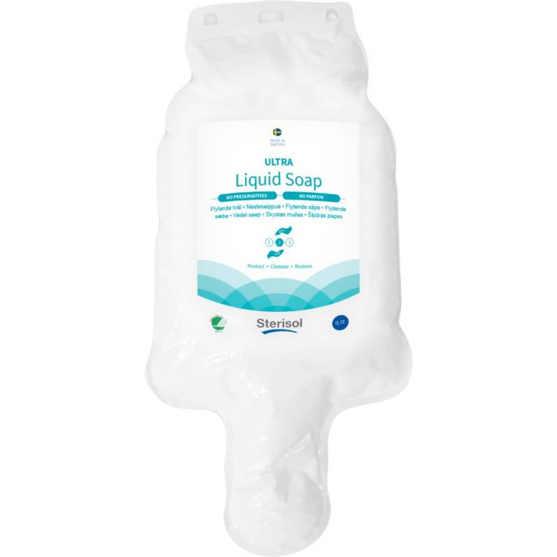 H&aring;nd, H&aring;r og bodyshampoo, Sterisol, 700 ml, ultra mild, uden farve, parfume og konserveringsmidddel, flydende