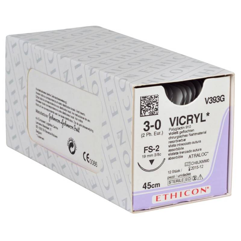Sutur, Vicryl, 45cm, violet, 3-0, FS-2 n&aring;l, multifil resorberbar, V393G, steril *Denne vare tages ikke retur*