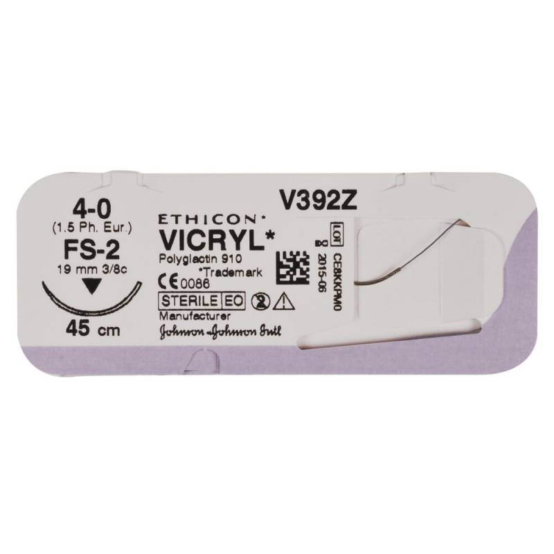 Sutur, Vicryl, 45cm, lilla, 4-0, FS-2 n&aring;l, Violet, multifil, resorberbar, V393ZG, steril *Denne vare tages ikke retur*