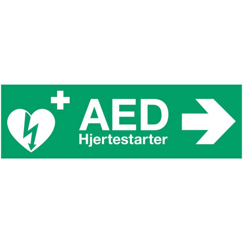 Skilt, 29,7x10,5cm, gr&oslash;n, plast, med tekst: AED hjertestarter *Denne vare tages ikke retur*