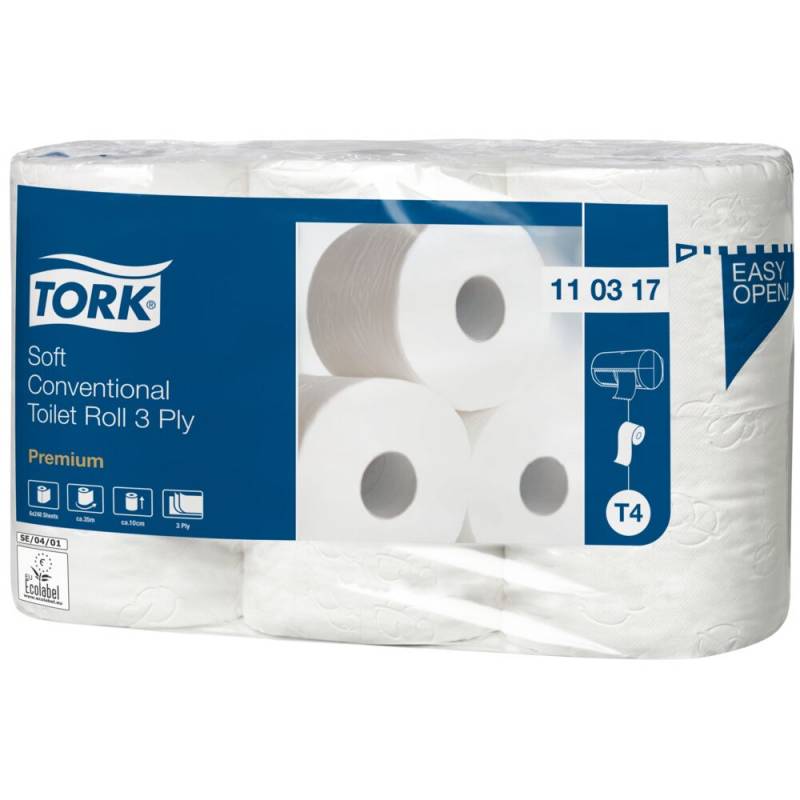 Toiletpapir, Tork T4 Premium, 3-lags, 34,7m x 9,9cm, &Oslash;12cm, hvid, blandingsfibre