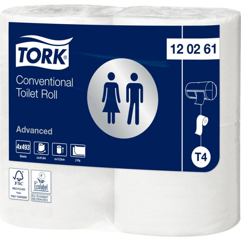 Toiletpapir, Tork T4 Advanced, 2-lags, 61,6m x 9,9cm, &Oslash;12cm, hvid, genanvendt papir