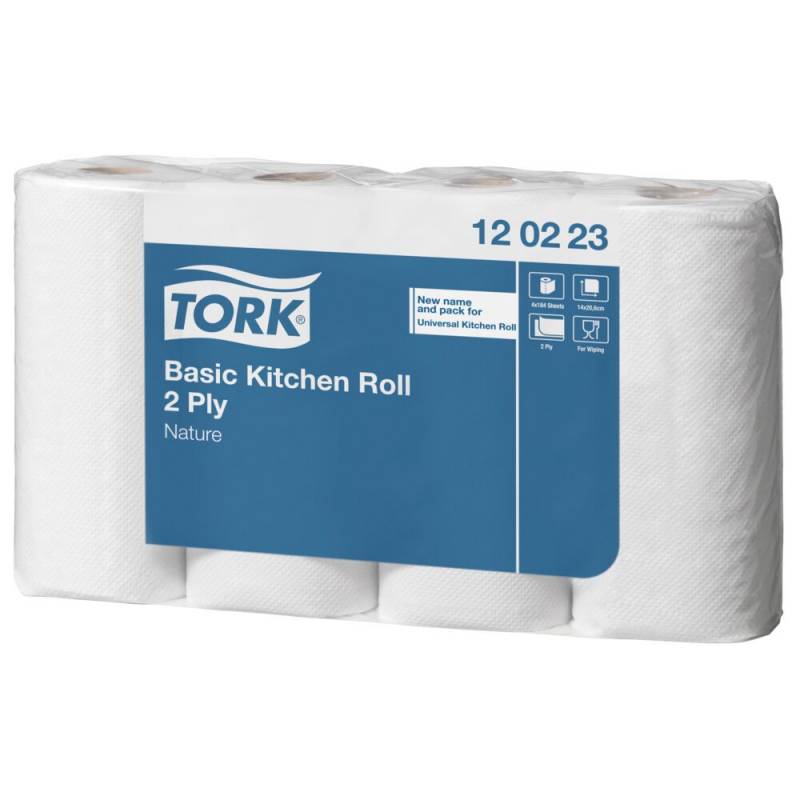 K&oslash;kkenrulle, Tork Basic, 2-lags, 25,8m x 20,6cm, &Oslash;10,4cm, ubleget, genanvendt papir