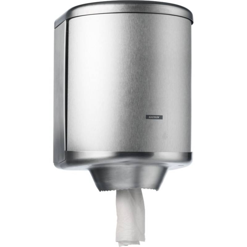 Dispenser, Katrin, Midi, 26,1cm, &Oslash;26,1cm, gr&aring;, rustfrit st&aring;l, til h&aring;ndkl&aelig;deruller med centertr&aelig;k *Denne vare tages ikke retur*