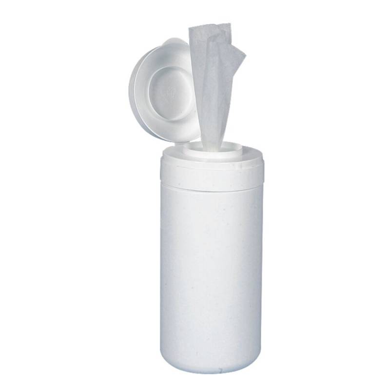Dispenser, 8,5x19cm, &Oslash;8,5cm, hvid, med l&aring;g til s&aelig;de- og desinficerende servietter