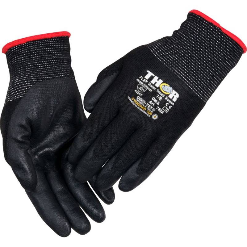 Nitrilhandske, halvdyppet, THOR Flex Vinter, 12, sort, nitril/nylon, ribkant