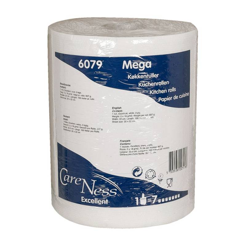 K&oslash;kkenrulle, ABENA Care-Ness Excellent, 2-lags, 100m x 22cm, &Oslash;17,5cm, hvid, nyfiber