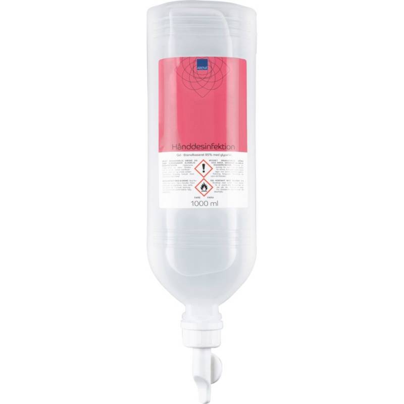 H&aring;nddesinfektionsgel, ABENA, 1000 ml, 85% alkohol, med glycerin, standbag flaske til st&aring;ldispenser