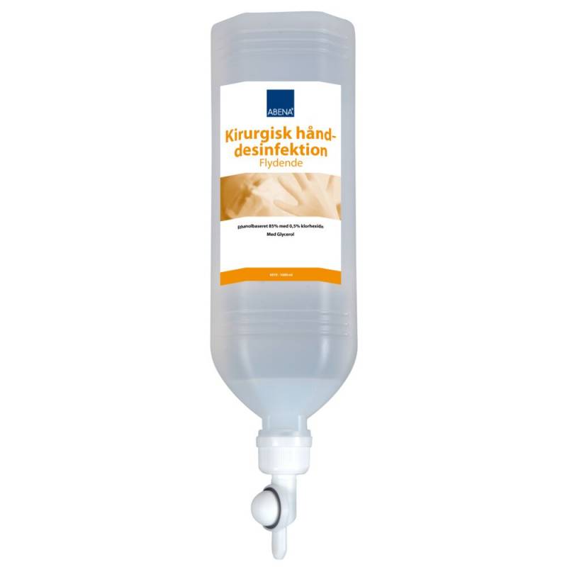 H&aring;nddesinfektion, kirurgisk, ABENA, 1000 ml, stand-back flaske med pumpe, til tr&aring;d dispenser med pumpearm,0,5\% klorhexidin
