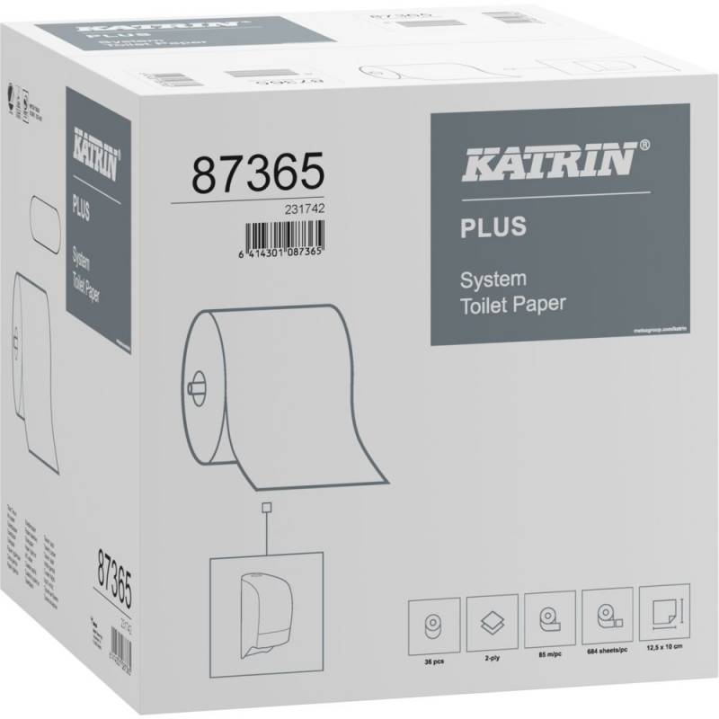 Toiletpapir, Katrin Plus, 2-lags, 85,5m x 10cm, &Oslash;13,5cm, hvid, nyfiber