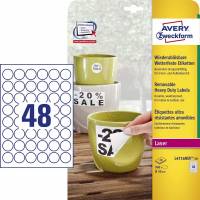 Etiketter Avery stærke hvide Ø30mm aftagelig 48stk/pak