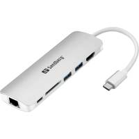 Adapter Sandberg USB-C Dock HDMI+LAN+SD+USB 61W hvid