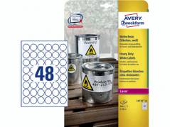 Laseretiket Avery st&Atilde;&brvbar;rk hvid &Atilde;&tilde;30mm 48stk/ark 20ark/pak