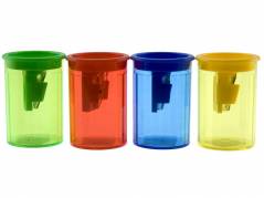 Blyantspidser med beholder transparent m/farvet top