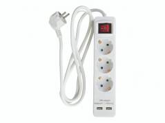 Stik 3-vejs u/jord 2xUSB-A (3x1,5mm&Acirc;&sup2;) 1,5m hvid