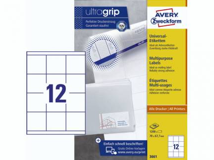 Universaletiket Avery 3661 67,7x70mm 12stk/ark 100ark/pak