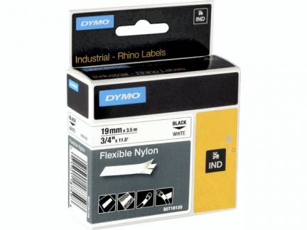 Labeltape DYMO Rhino 19mmx3,5m sort på hvid nylon flex